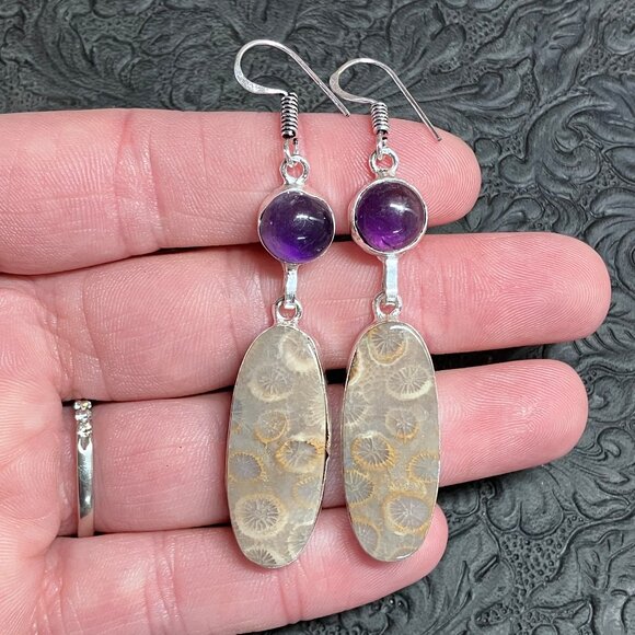 Amethyst and Coral Fossil Earrings Stone Crystal Jewelry - IMPERFECT DISCOUNT - Picture 1 of 8